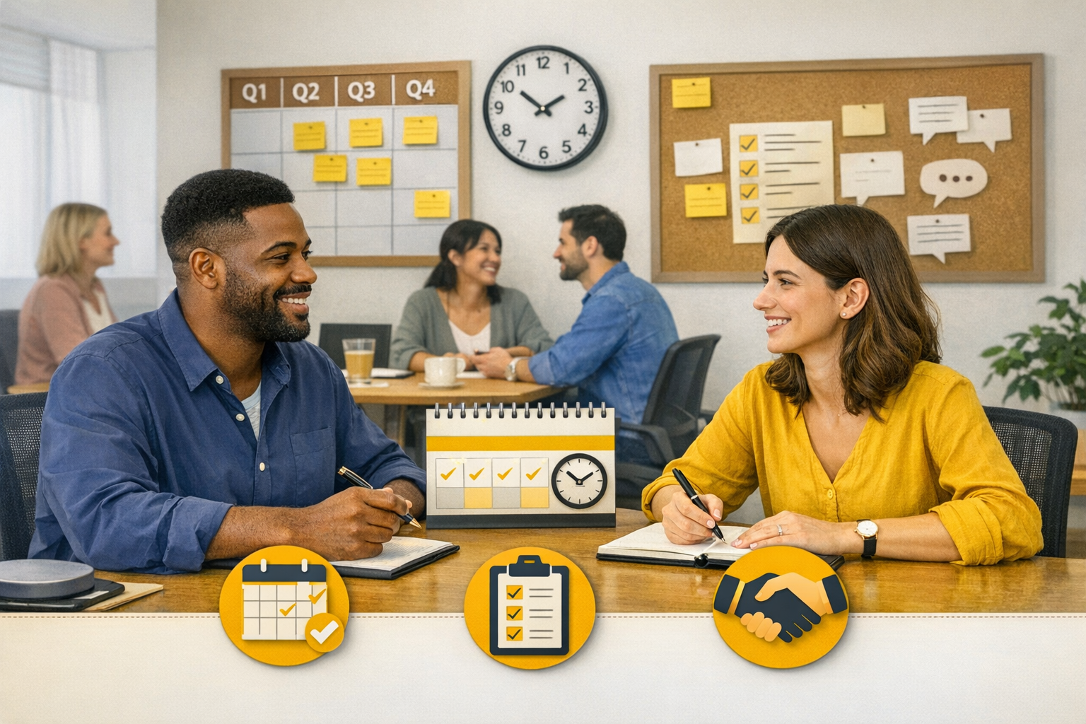 Two colleagues meeting at a desk for a regular work check‑in, with a calendar, checklist, and clock visible to suggest recurring feedback.