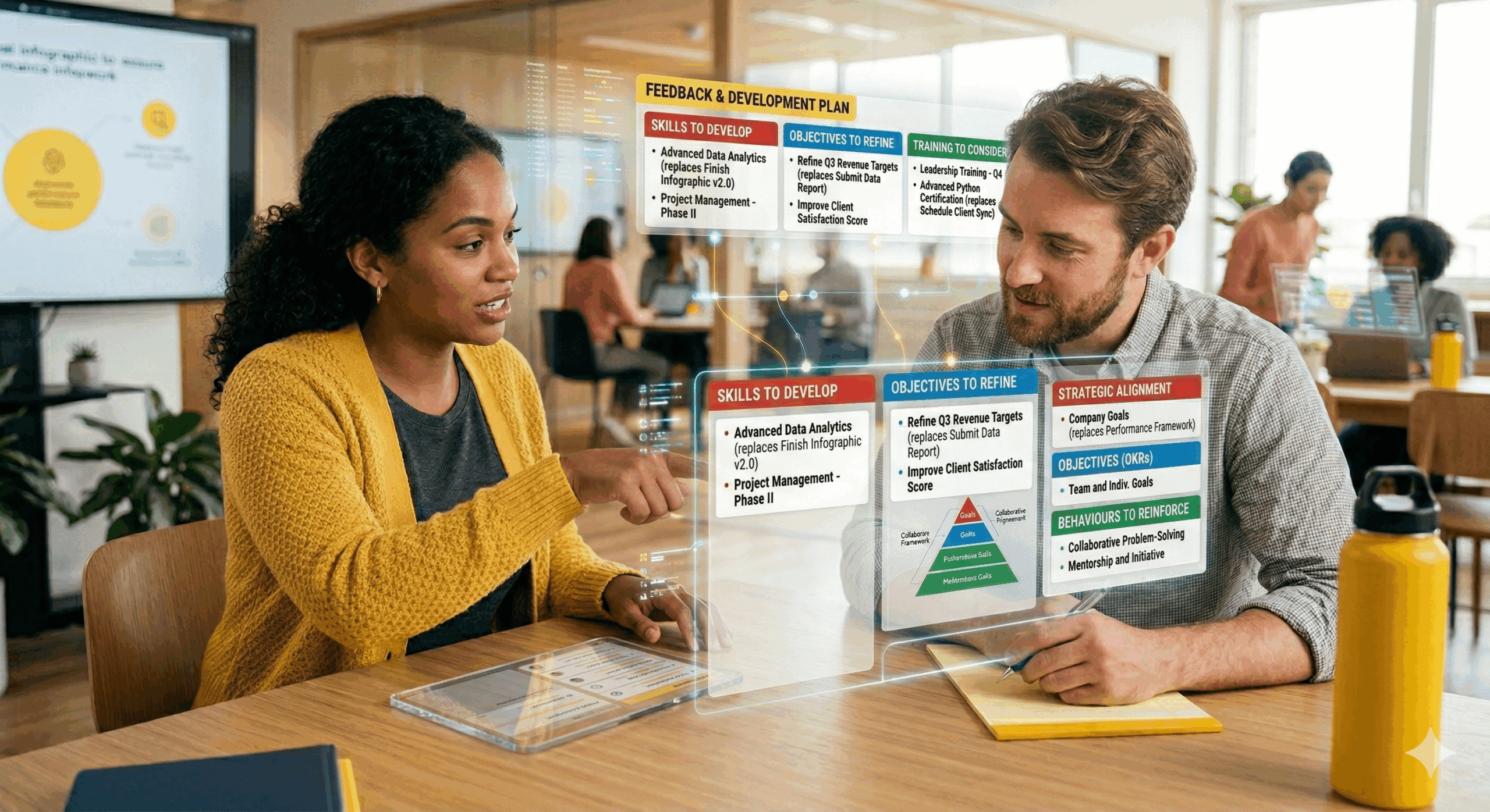 A diverse man and woman in a modern office looking at a glowing, futuristic digital interface displaying a "Feedback & Development Plan" with specific action items like Skills to Develop and Objectives to Refine.