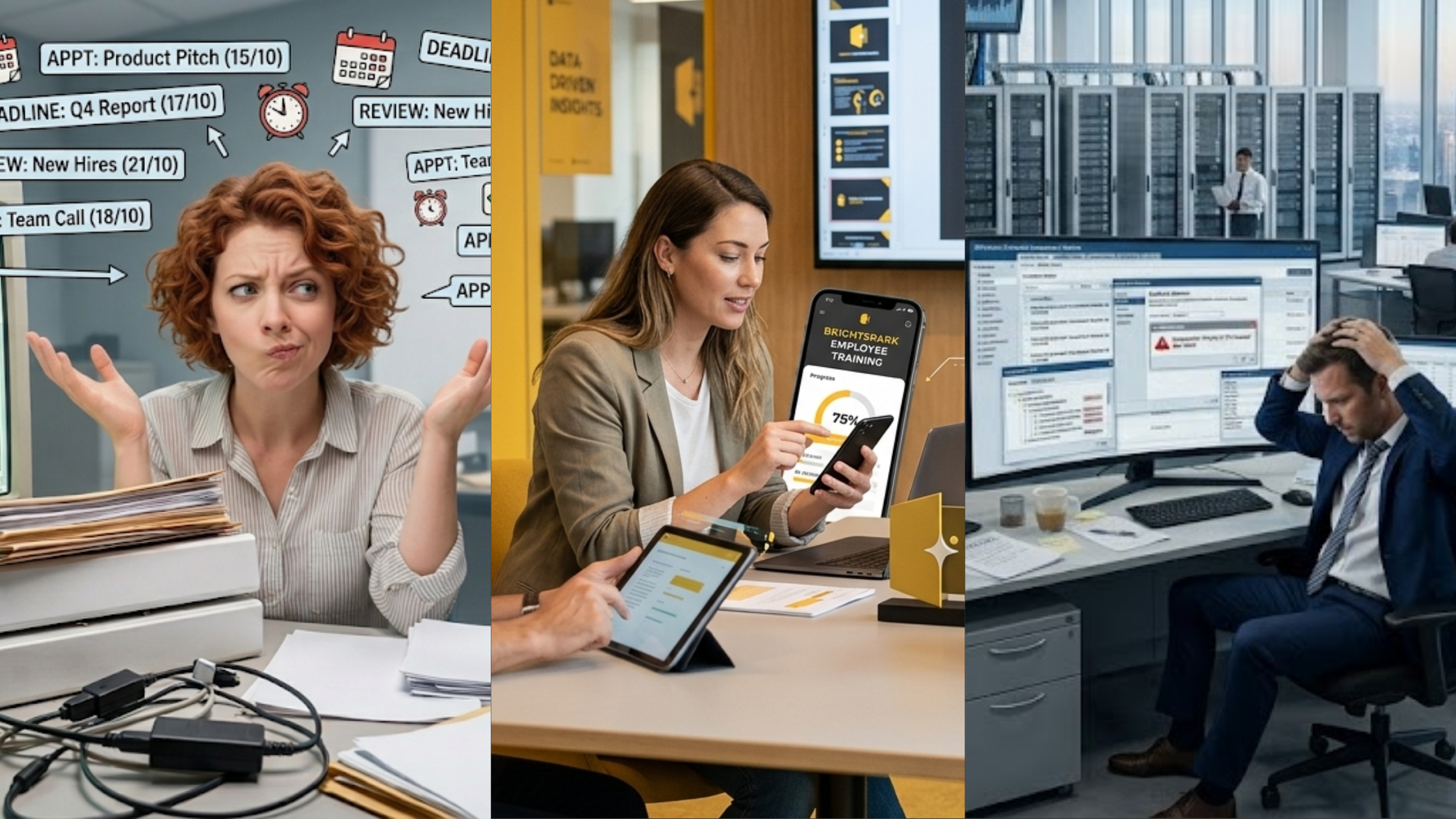 A three-panel collage comparing a chaotic, paper-heavy office (left), a modern, streamlined training session with mobile integration (center), and a frustrated employee overwhelmed by a complex, multi-monitor enterprise software interface (right).