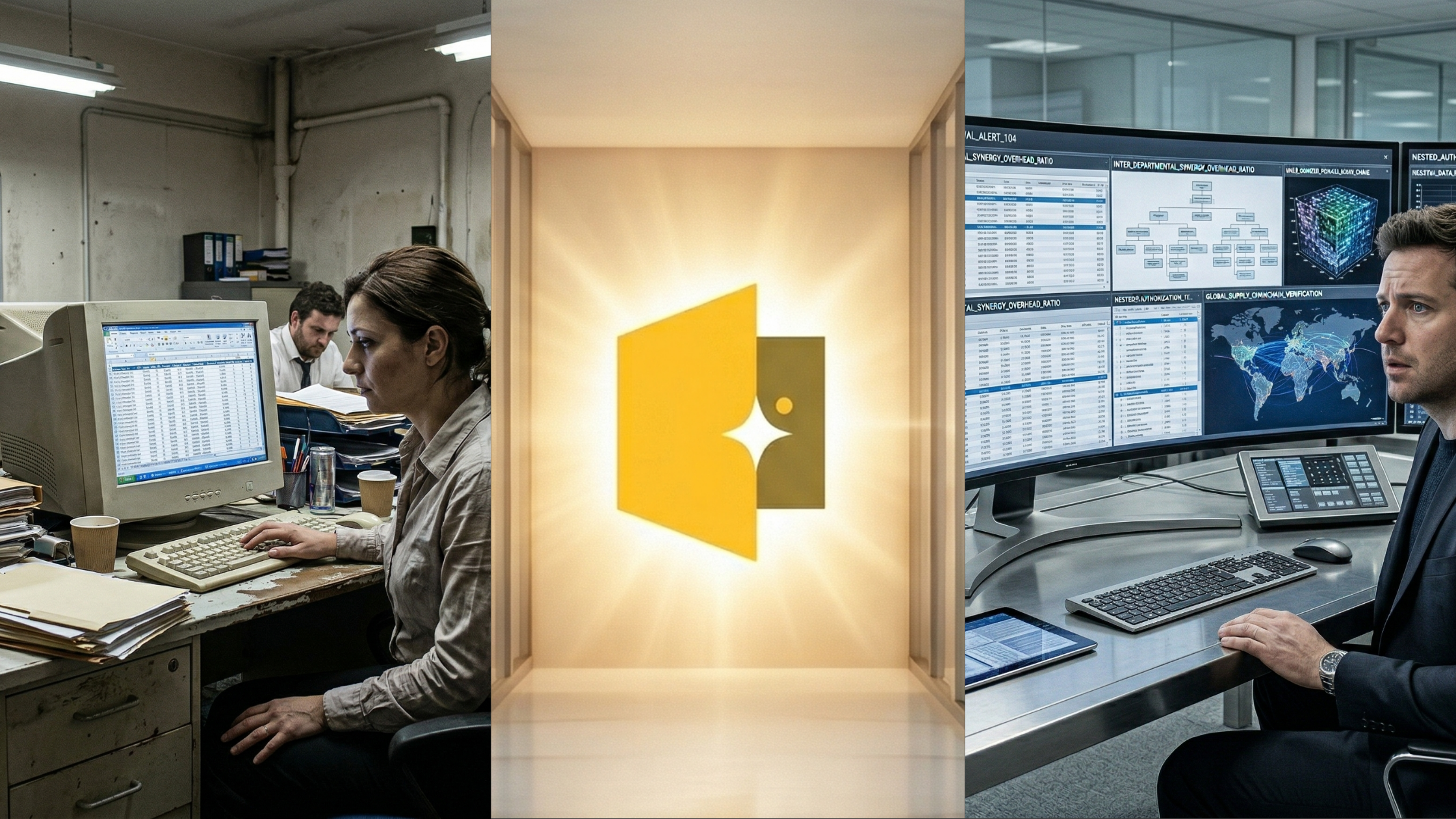 A three-panel comparison showing a dark, cluttered office using old spreadsheets on the left; a glowing Brightspark logo in a clean, bright center panel; and an overwhelmed employee staring at complex, multi-screen enterprise software on the right.