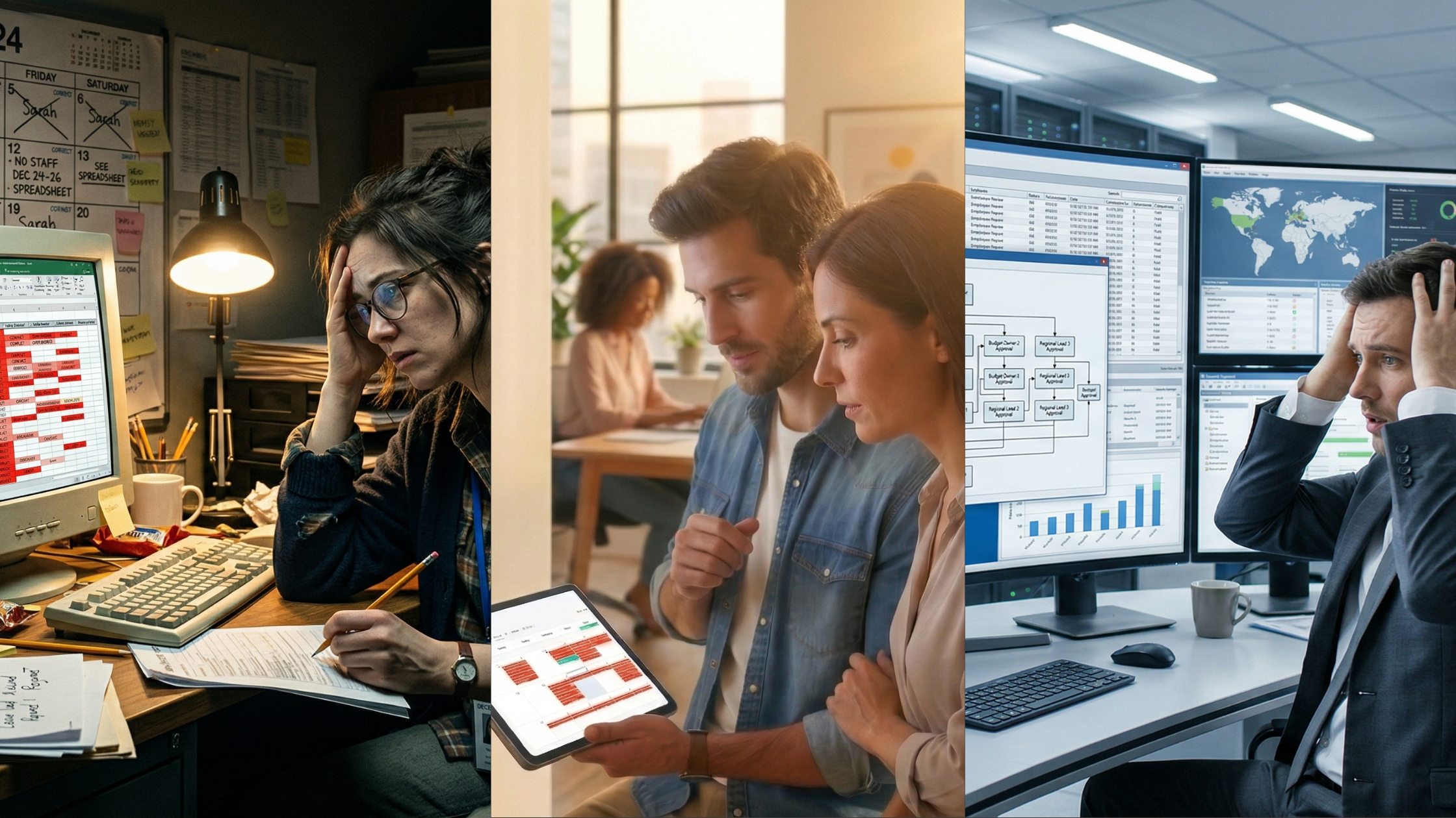 A three-panel collage comparing different office environments. On the left, a woman looks stressed in a dark room with a cluttered desk and old computer. In the center, a man and woman smile while looking at a clean tablet interface in a bright office. On the right, a man in a suit looks overwhelmed by multiple complex computer monitors.