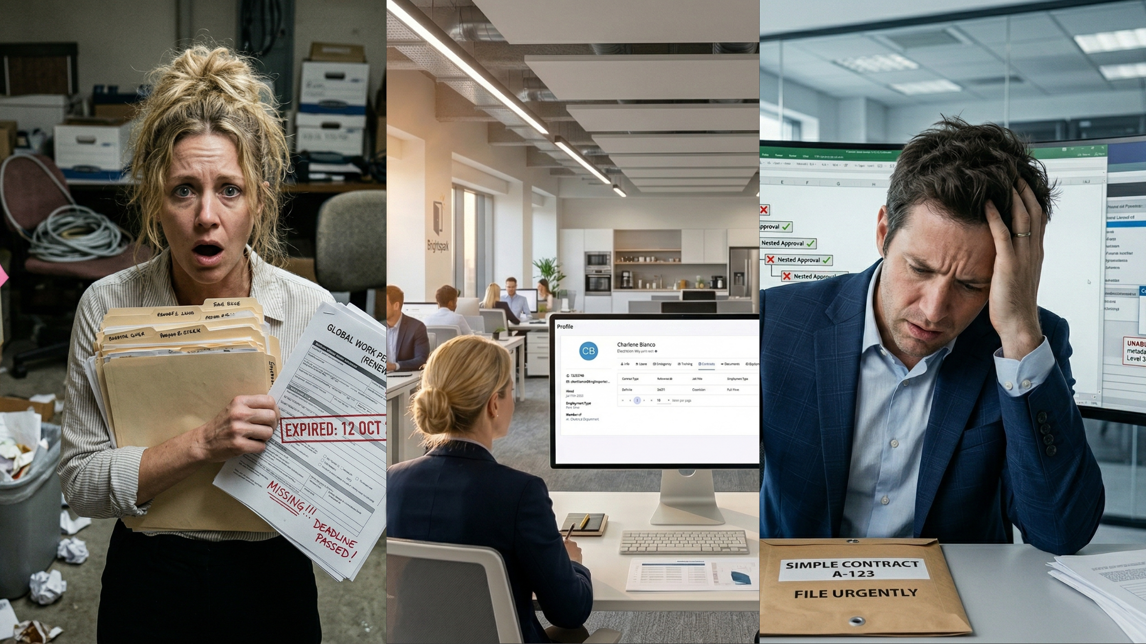 A three-panel horizontal triptych contrasting administrative environments: on the left, a woman in a messy office holds expired folders in a state of panic; in the center, two employees in a bright, modern office look calmly at a clean digital HR profile; on the right, a man in a corporate suit sits overwhelmed before complex monitors displaying software errors.