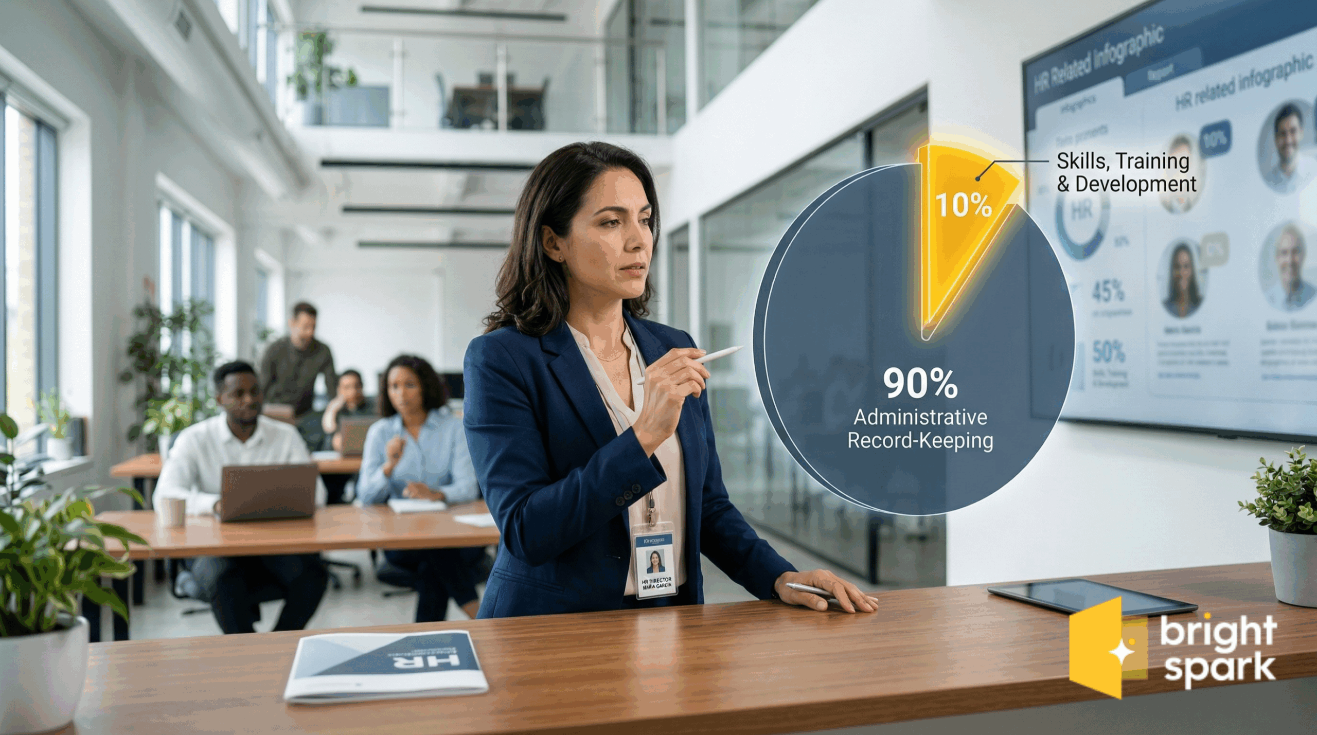 A photorealistic image of an HR professional in a modern office, pointing a digital stylus toward a large, glowing 3D pie chart floating in the air. The chart is divided into two sections: a massive 90% segment in navy blue labeled "Administrative Record-Keeping" and a vibrant, illuminated 10% slice in bright yellow (#ffc72c) labeled "Skills, Training & Development."