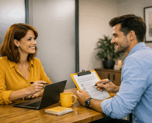 Two colleagues seated in a private meeting room conducting a one‑to‑one performance review, with a laptop and clipboard, featuring prominent yellow accents.