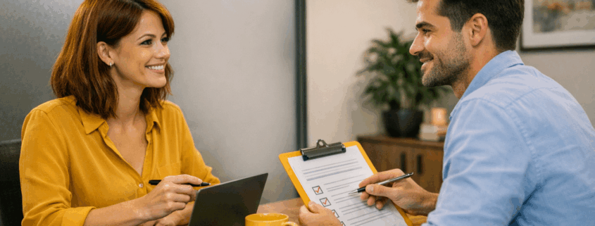 Two colleagues seated in a private meeting room conducting a one‑to‑one performance review, with a laptop and clipboard, featuring prominent yellow accents.
