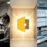 A three-panel comparison showing a dark, cluttered office using old spreadsheets on the left; a glowing Brightspark logo in a clean, bright center panel; and an overwhelmed employee staring at complex, multi-screen enterprise software on the right.