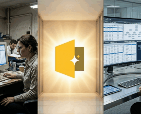 A three-panel comparison showing a dark, cluttered office using old spreadsheets on the left; a glowing Brightspark logo in a clean, bright center panel; and an overwhelmed employee staring at complex, multi-screen enterprise software on the right.