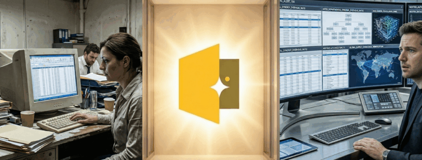 A three-panel comparison showing a dark, cluttered office using old spreadsheets on the left; a glowing Brightspark logo in a clean, bright center panel; and an overwhelmed employee staring at complex, multi-screen enterprise software on the right.