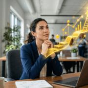 A photorealistic image of a professional woman sitting at a modern office desk with a laptop, looking upward with a visionary expression. Glowing golden icons and a rising staircase graphic in bright yellow (#ffc72c) emerge from her laptop, symbolizing career growth, skill milestones, and professional advancement.