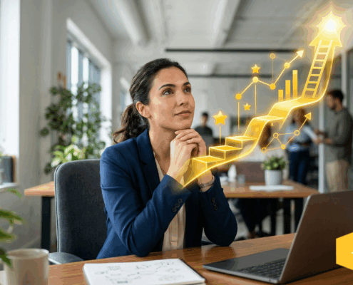 A photorealistic image of a professional woman sitting at a modern office desk with a laptop, looking upward with a visionary expression. Glowing golden icons and a rising staircase graphic in bright yellow (#ffc72c) emerge from her laptop, symbolizing career growth, skill milestones, and professional advancement.