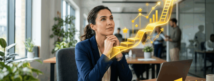 A photorealistic image of a professional woman sitting at a modern office desk with a laptop, looking upward with a visionary expression. Glowing golden icons and a rising staircase graphic in bright yellow (#ffc72c) emerge from her laptop, symbolizing career growth, skill milestones, and professional advancement.
